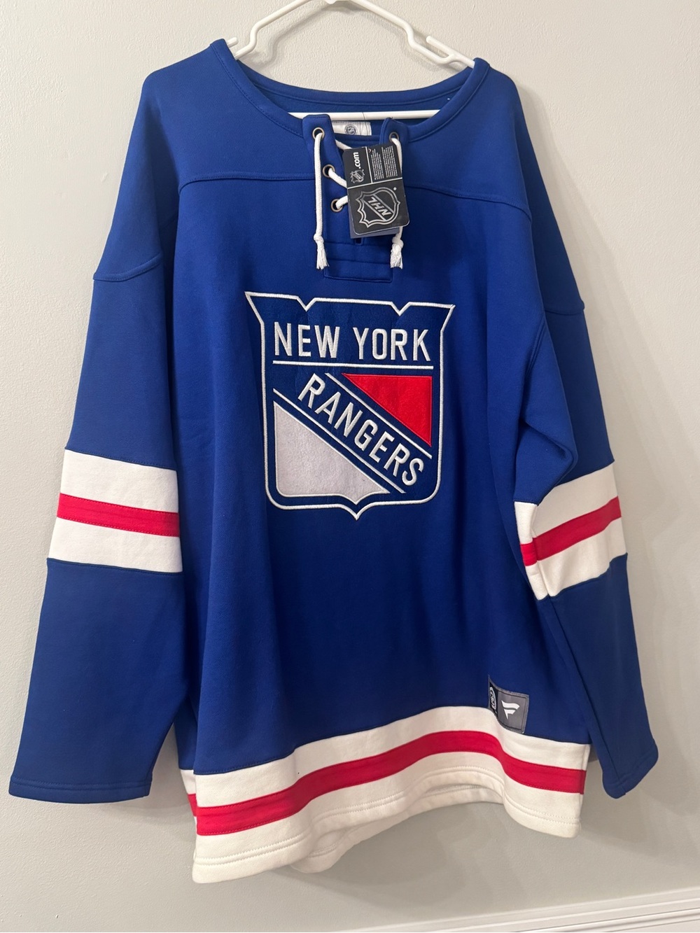 Fanatics Blue New York Rangers Lace-Up Crewneck with Red & White Stripes